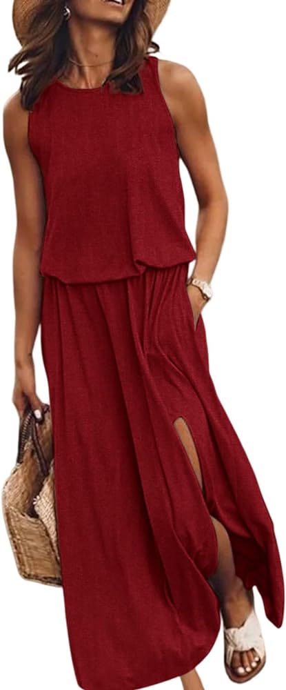 Dokotoo Womens Summer 2024 Beach Dresses Casual Maxi Dresses Sleeveless Tank Sun Dress with Pockets