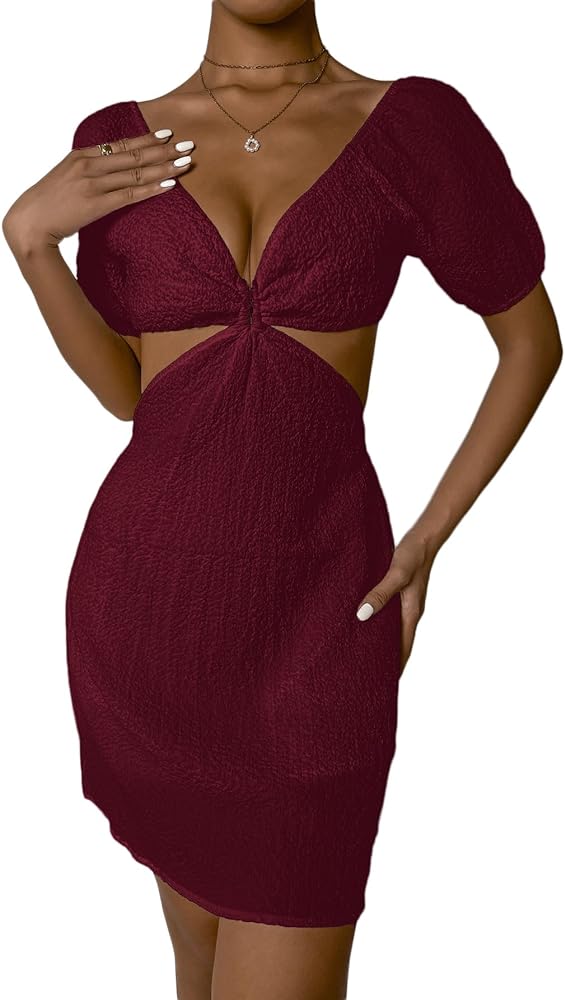 Verdusa Women's Cut Out Side Deep V Neck Short Sleeve A Line Short Dresses Burgundy M