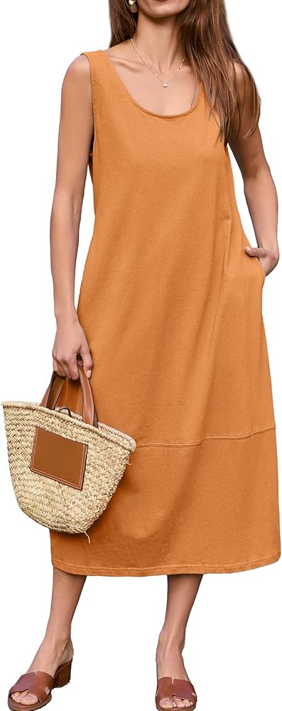 BerryGo Women's Loose Casual Midi Cotton Dresses Sundress Sleeveless Beach Summer Trendy Tank Top Dress with Pockets