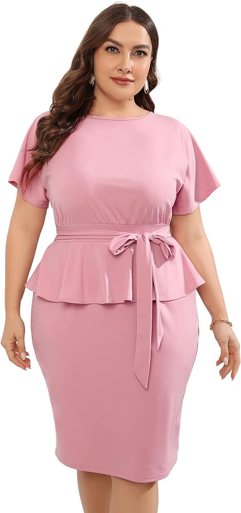 KOJOOIN Women Plus Size Bodycon Elegant Midi Dress Peplum Business Work Office Sheath Pencil Cocktail Party Dress with Belt