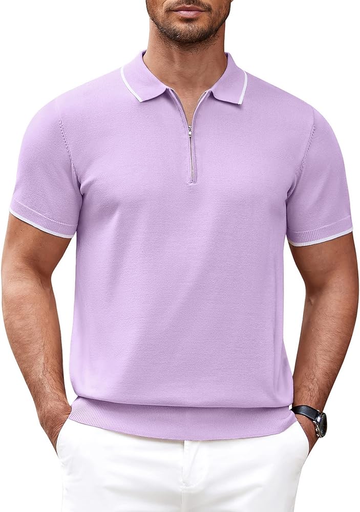 COOFANDY Men's Zipper Polo Shirt Casual Knit Short Sleeve Polo T Shirt Classic Fit Shirts