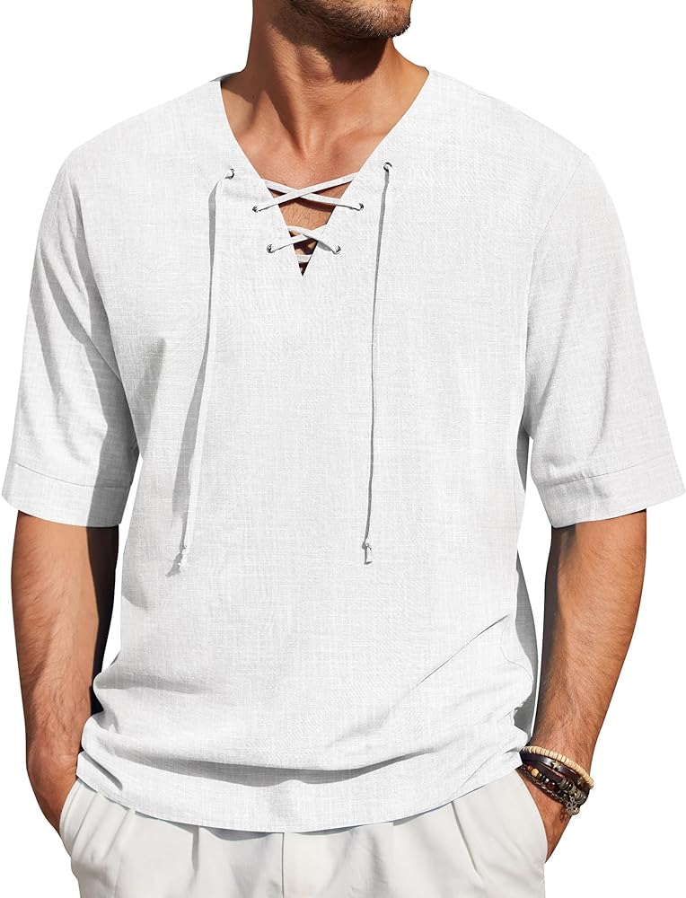 COOFANDY Men Cotton Linen Shirts Lace Up Short Sleeve Beach Shirts V Neck Hippie Yoga Boho Renaissance Tunic