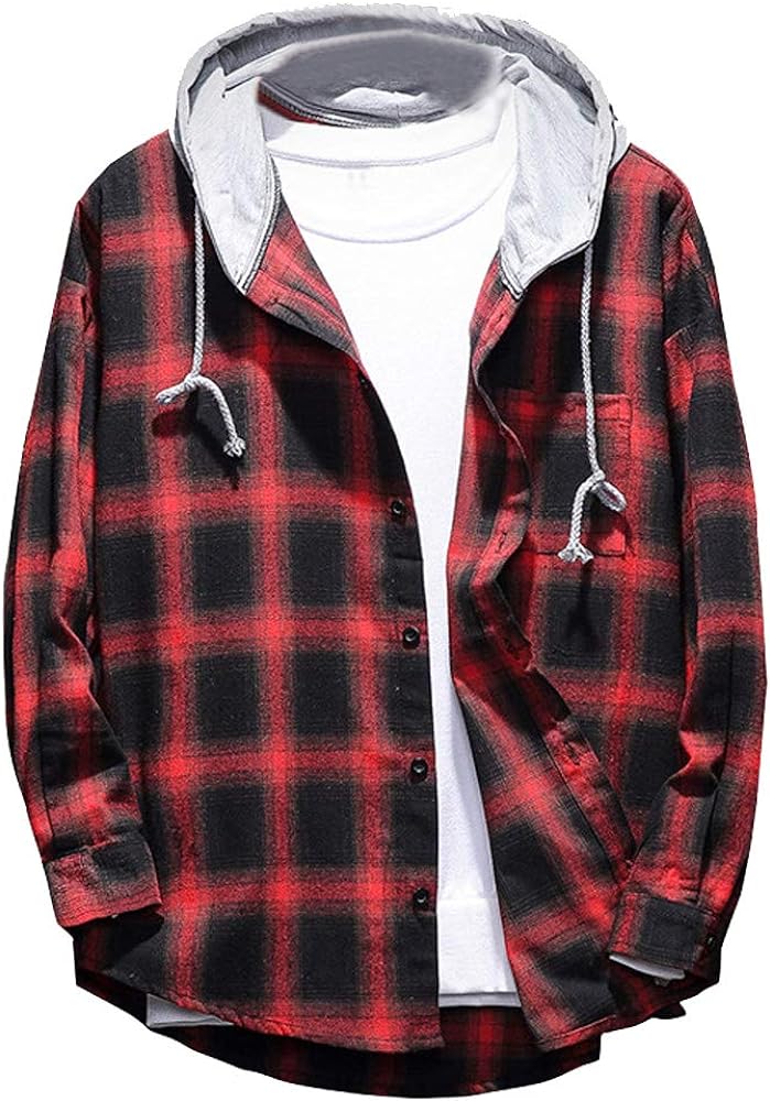 Lavnis Men's Plaid Hooded Shirts Casual Long Sleeve Lightweight Shirt Jackets