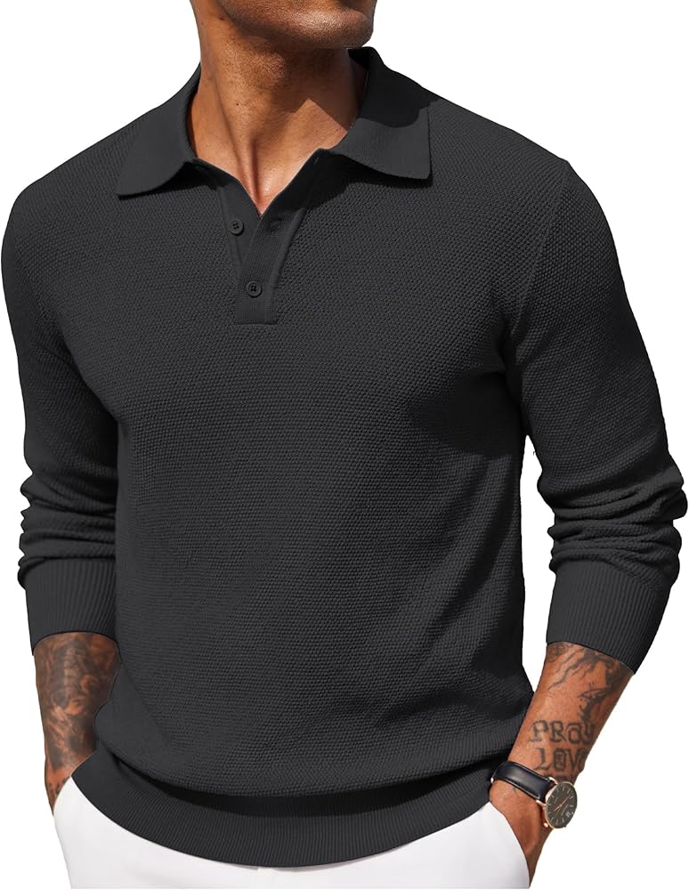 COOFANDY Mens Knit Polo Shirts Long Sleeve Casual Polo Sweaters Shirt Waffle Textured Collared Sweater