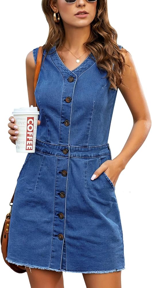 LookbookStore Women Sleeveless V Neck Button Down Frayed Hem Short Denim Dress