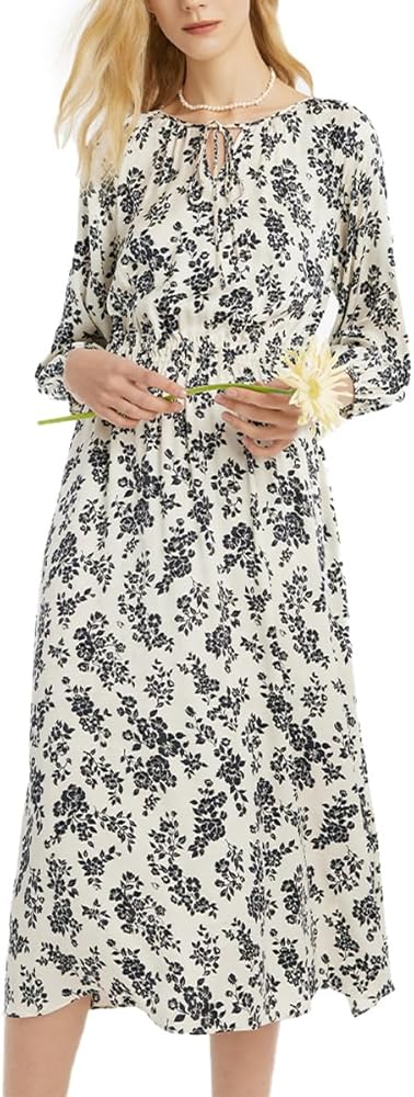 Floral Dress for Women 3/4 Sleeve Casual Midi Dress with Gathered Wasit for Teacher, Work, Wedding Guest, Cocktail