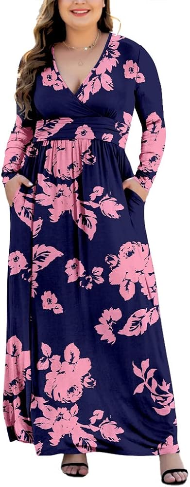 Women's L-5XL Long Sleeve V-Neck Plus Size Casual Maxi Dresses with Pockets