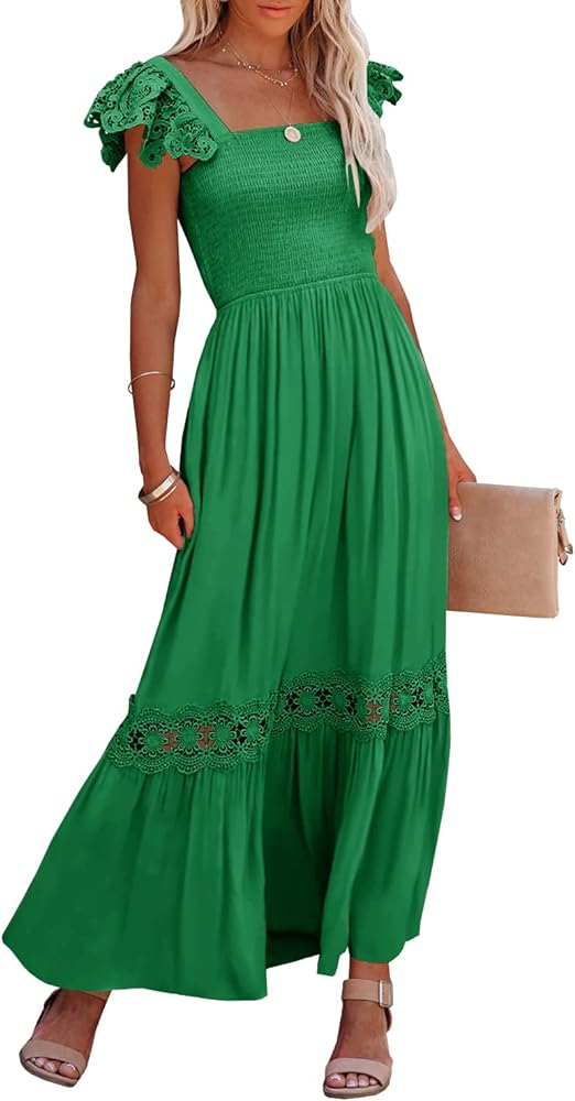 Ferlema Womens Summer Boho Lace Strap Sleeveless Square Neck Ruffle A Line Flowy Beach Long Maxi Dress with Pockets