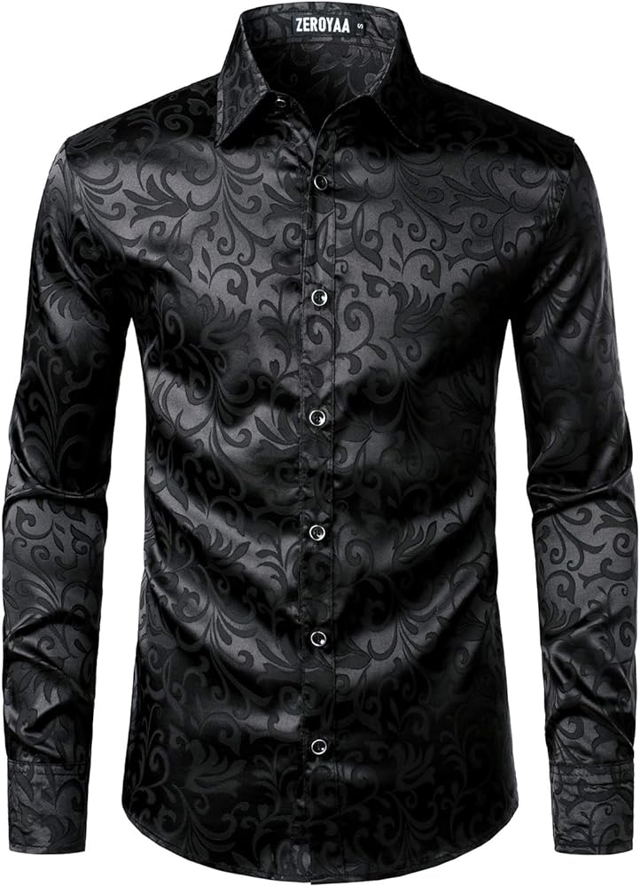 ZEROYAA Men's Luxury Jacquard Long Sleeve Dress Shirt Shiny Satin Slik Like Wedding Party Prom Shirts