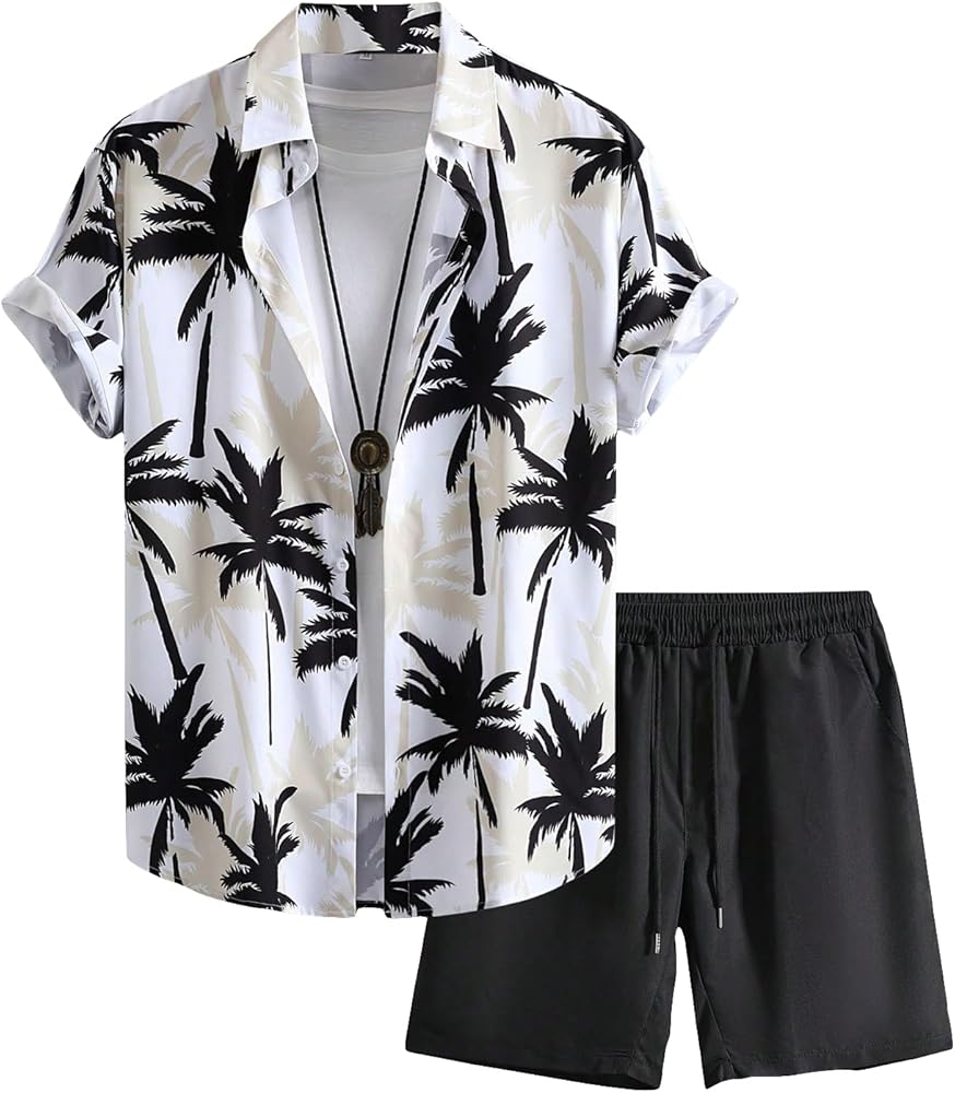 COZYEASE Men's Button Down Short Sleeve Shirt and Short 2 Piece Outfits Sets Casual Hawaiian Beach Shirt with Shorts