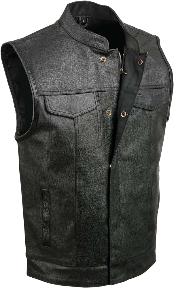 ELM3910 Black Motorcycle Leather Vest for Men w/Dual Closure - Riding Club Adult Motorcycle Vests