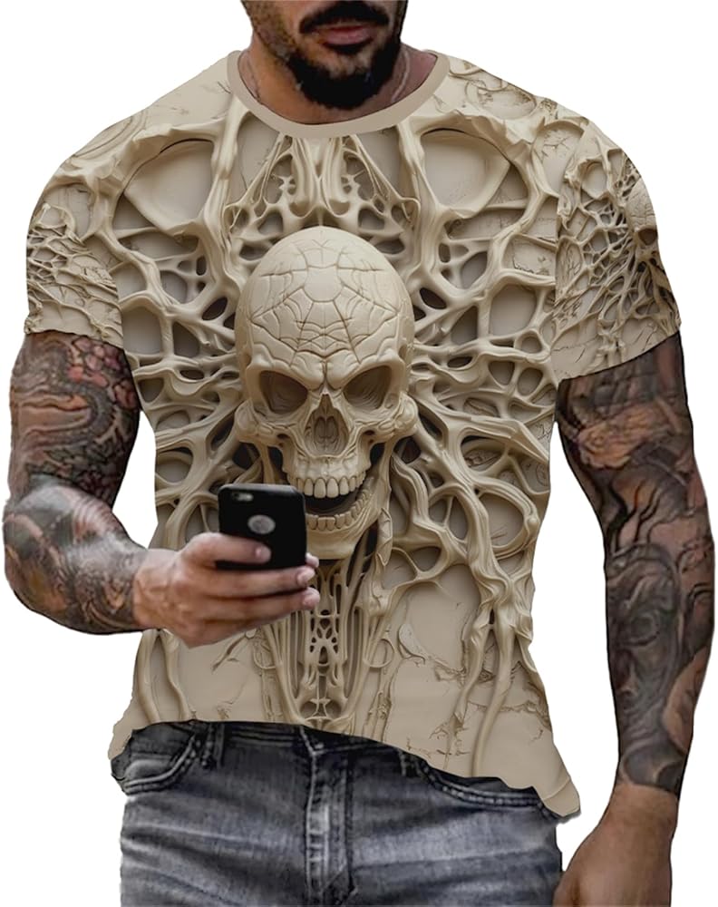 Graphic Tees Men S-3XL Skull Skeleton Print Personality Short Sleeve T-Shirt Novelty Pattern Horror Breathable Top