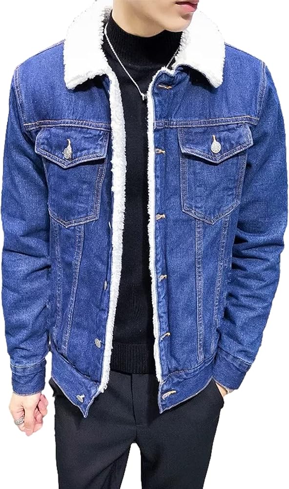 HangNiFang Men's Fleece Jean Jacket Winter Sherpa Fleece Lined Denim Trucker Jacket