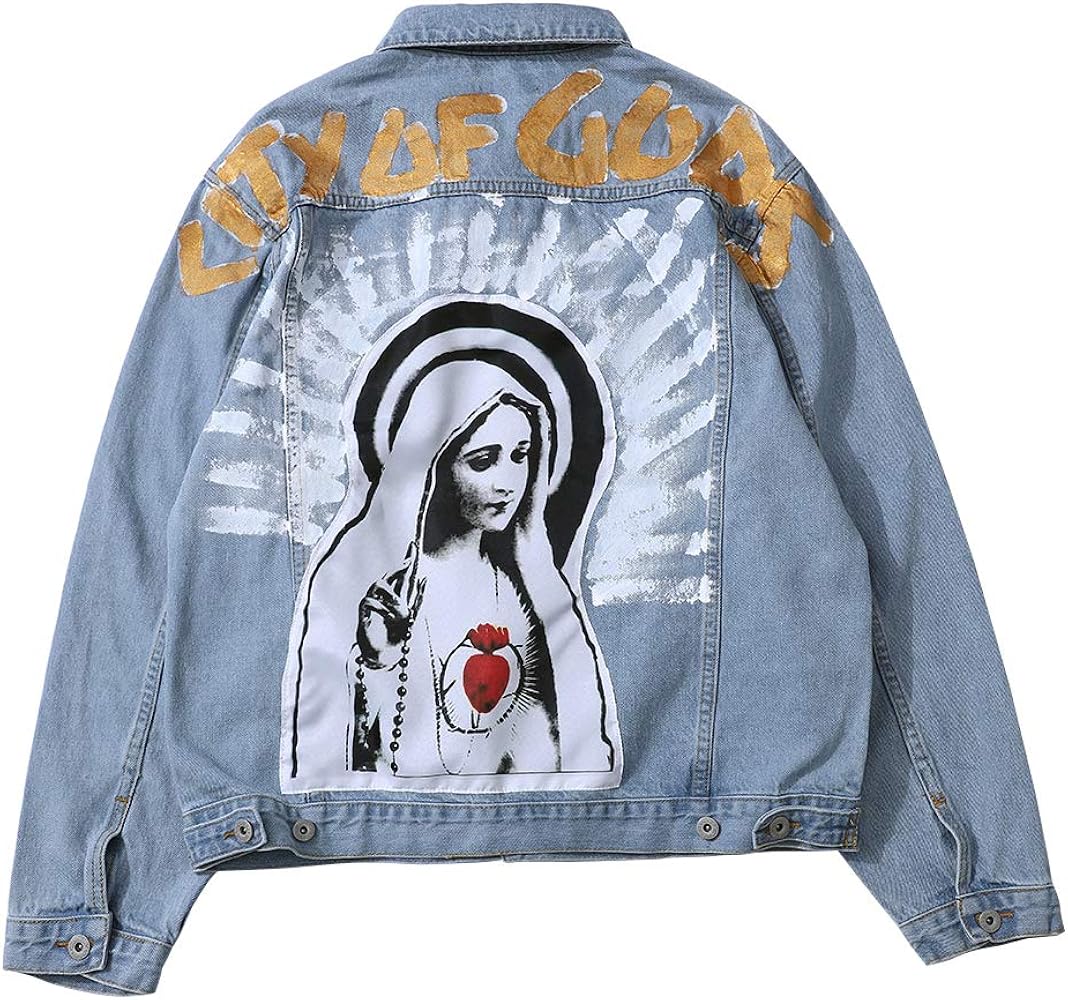 NAGRI Men's Denim Jackets Virgin Mary Trucker Jean Coat Hip Hop Lity of Gods Button Down Jean Jacket