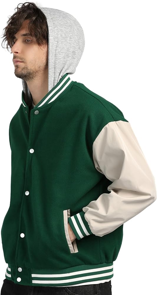 Men's Fashion Varsity Jacket Removable Hood Causal Bomber Jackets Regular Fit Unisex Coats Regular Fit Unisex Coats