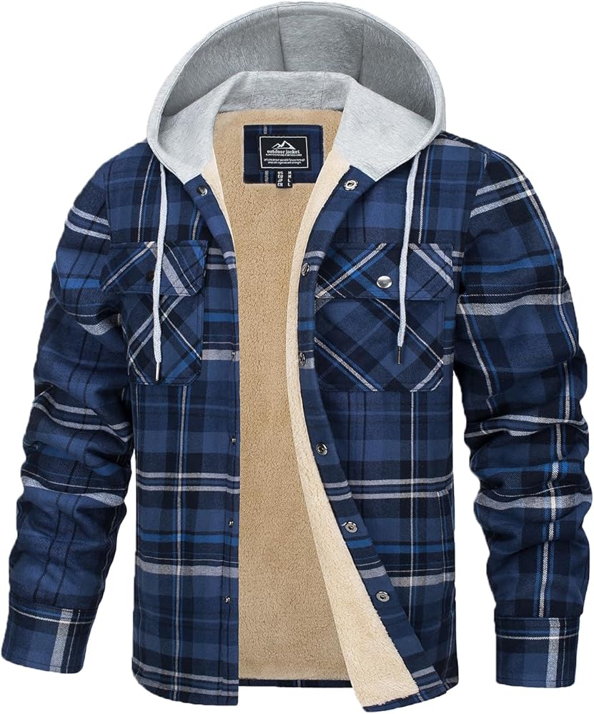 TACVASEN Men's Flannel Jacket with Pockets Shacket Plaid Shirts Fleece Padded shirt Button Down Jackets with Hood