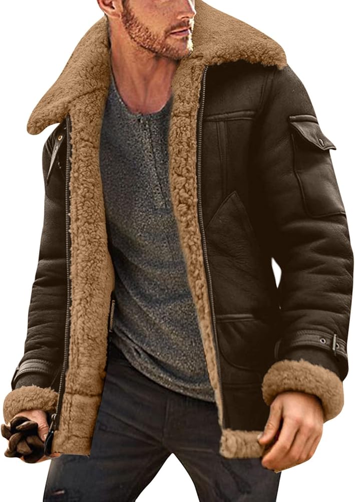 Men's Lamb Wool Bomber Coat Faux Leather Sherpa Fleece Lined Jackets Heavyweight Suede Faux Fur Trench-Coat