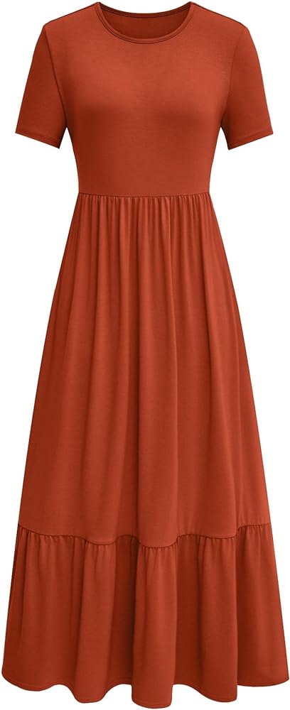 LILLUSORY Womens Short Sleeve Crew Neck Tiered Flowy Swing Midi Dresses with Pockets