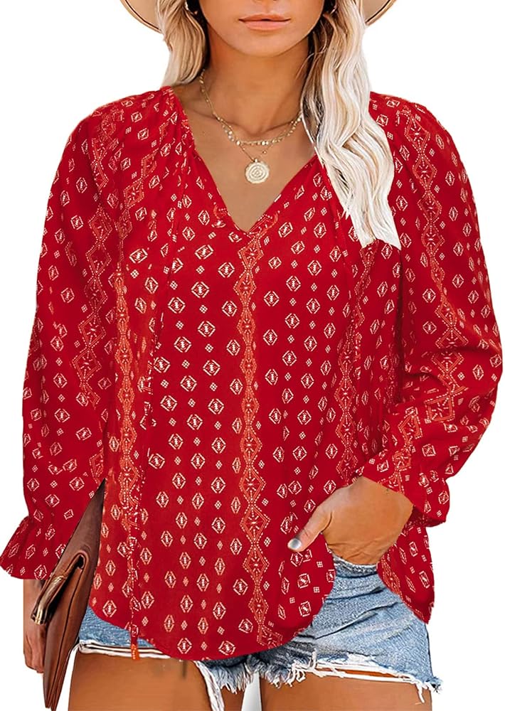 Eytino Women Plus Size Tops Boho Floral Printed Casual V Neck Long Sleeve Drawstring Blouses Shirts(1X-5X)