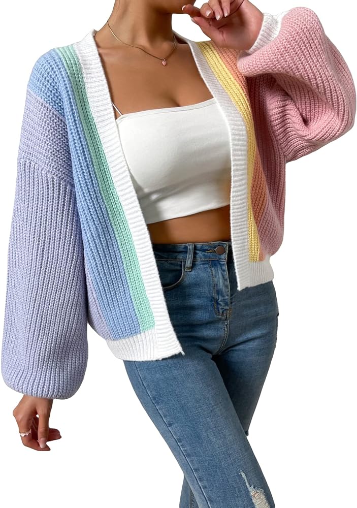 SHENHE Women's Color Block Open Front Long Sleeve Ribbed Knit Cropped Cardigan Sweaters