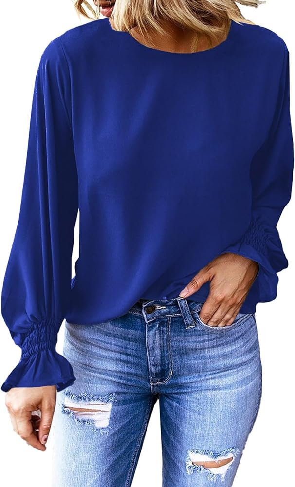 Dokotoo Long Sleeve Shirts for Women 2024 Ruffle Bubble Sleeve Casual Loose Tops and Blouses