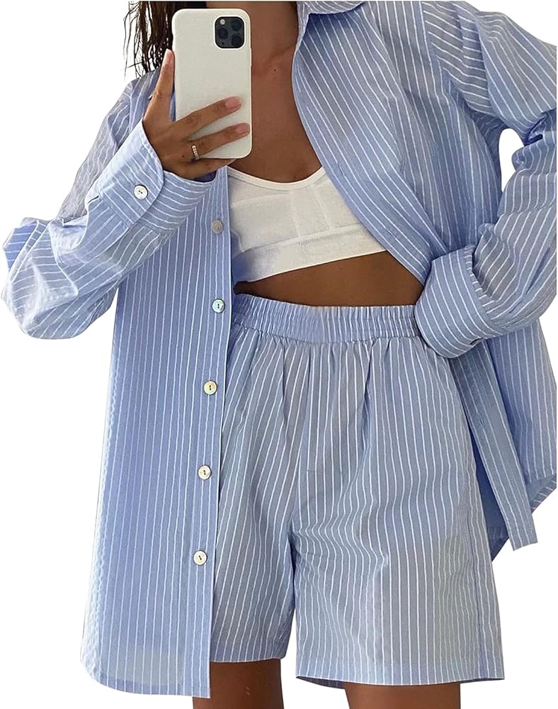 SAFRISIOR Women’s 2 Piece Casual Tracksuit Outfit Sets Stripe Long Sleeve Shirt And Loose High Waisted Mini Shorts Set