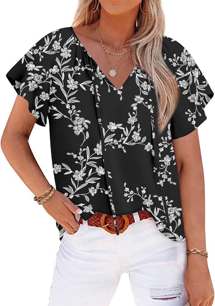 Anydoll Womens 2024 Summer Tunic Tops Casual Short Sleeve Blouses V Neck Dressy Chiffon Boho Tshirts