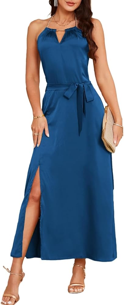 GRACE KARIN Satin Dress for Women with Chain Halter Dresses Belt Slit Cocktail Maxi Dress