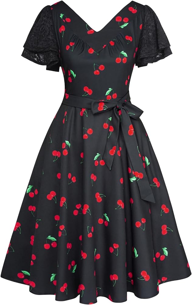 Belle Poque Women's Summer Short Puff Sleeve V-neck A Line Swing Dresses 1950s Vintage Cocktail Party Dress with Belts