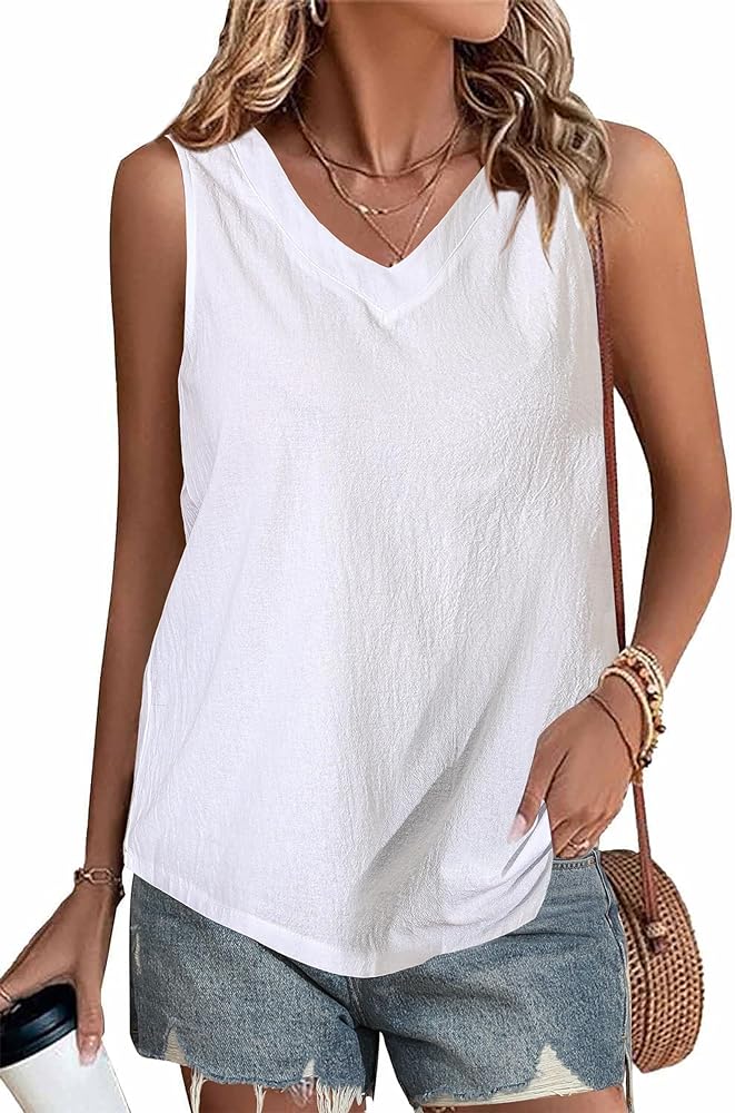 Women's Cotton Linen Tank Tops V Neck Casual Cami Sleeveless Camisole Blouses Summer Basic Tank Shirt（S-2XL）