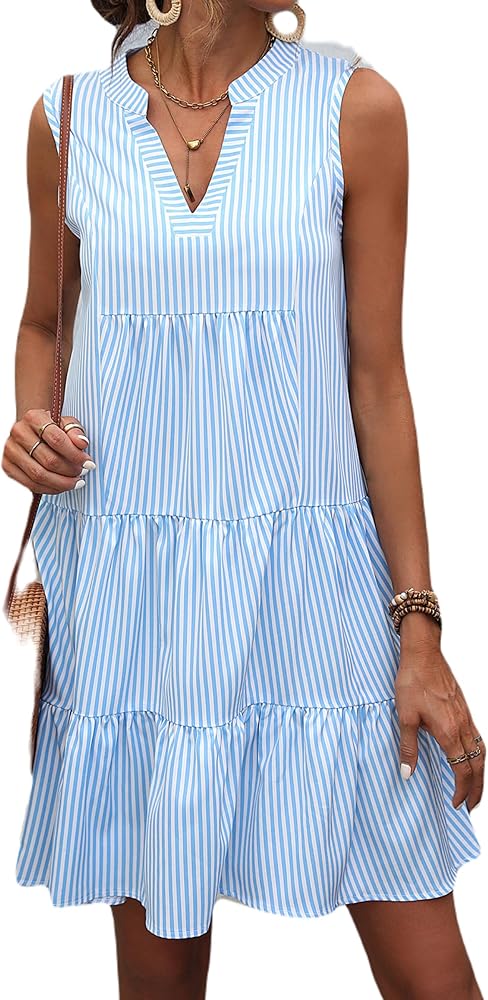 Floerns Women's Striped Print Sleeveless Notched Neck Tiered Layer Babydoll Dress