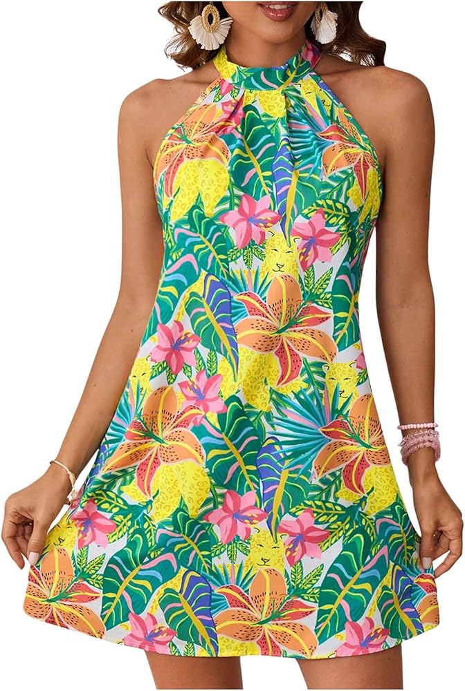 Floerns Women's Sleeveless Floral Print Sundress Halter Neck A Line Short Dress