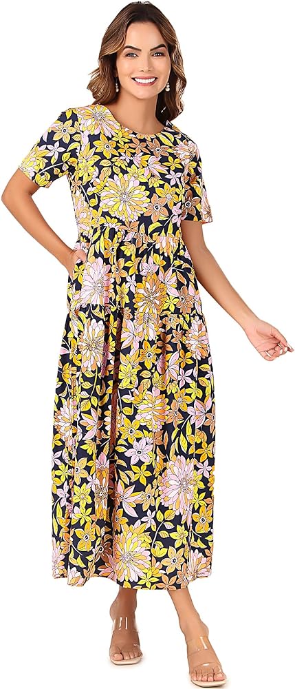 BoheeWohee Women Bohemian 100% Cotton Floral Printed Summer Beach Casual Long Swing Dress with Pocket