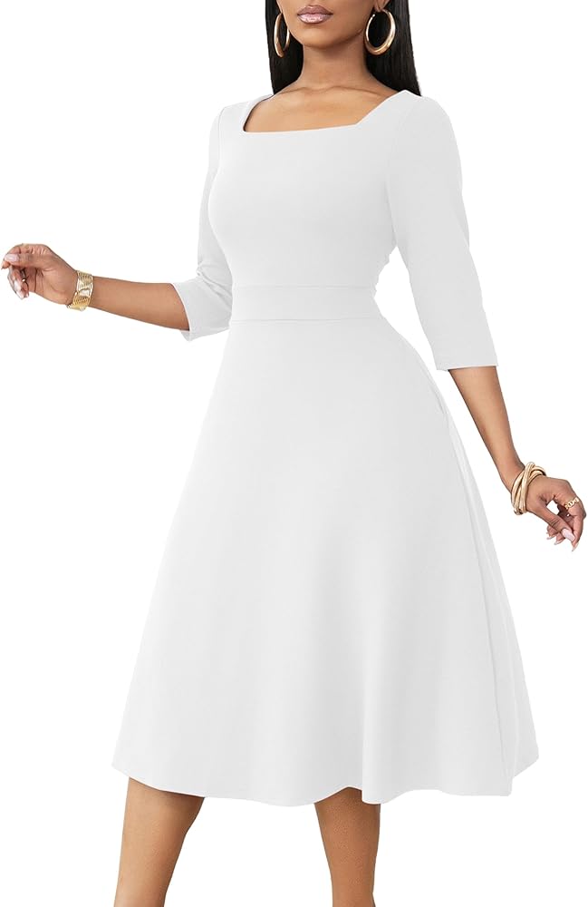 Nmoder Midi Dresses for Women A-Line Fit and Flare Dress 3/4 Sleeve Work Square Neck Cocktail Wedding Dress with Pockets