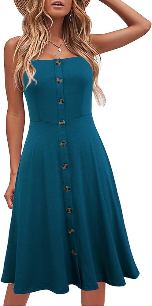 Berydress Women's Casual Beach Summer Dresses Solid Cotton Flattering A-Line Spaghetti Strap Button Down Midi Sundress