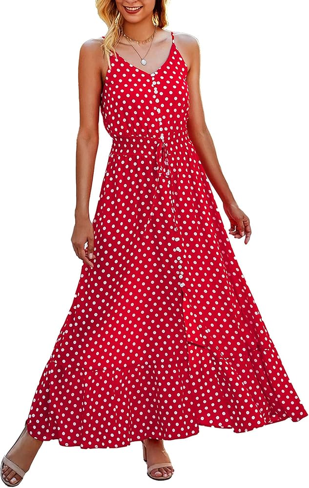 BTFBM Women 2024 Summer Spaghetti Strap V Neck Dress Polka Dot Floral Button Down Slit Sleeveless A-Line Maxi Dresses