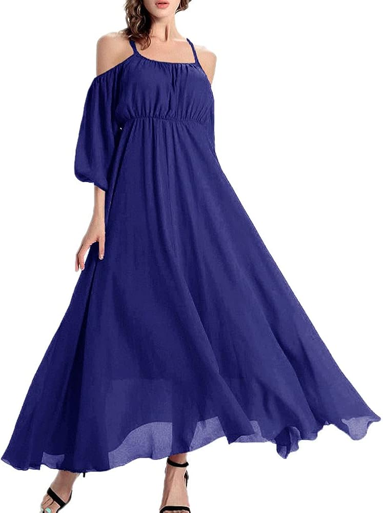 Afibi Womens Off Shoulder Long Chiffon Casual Dress Maxi Evening Dress