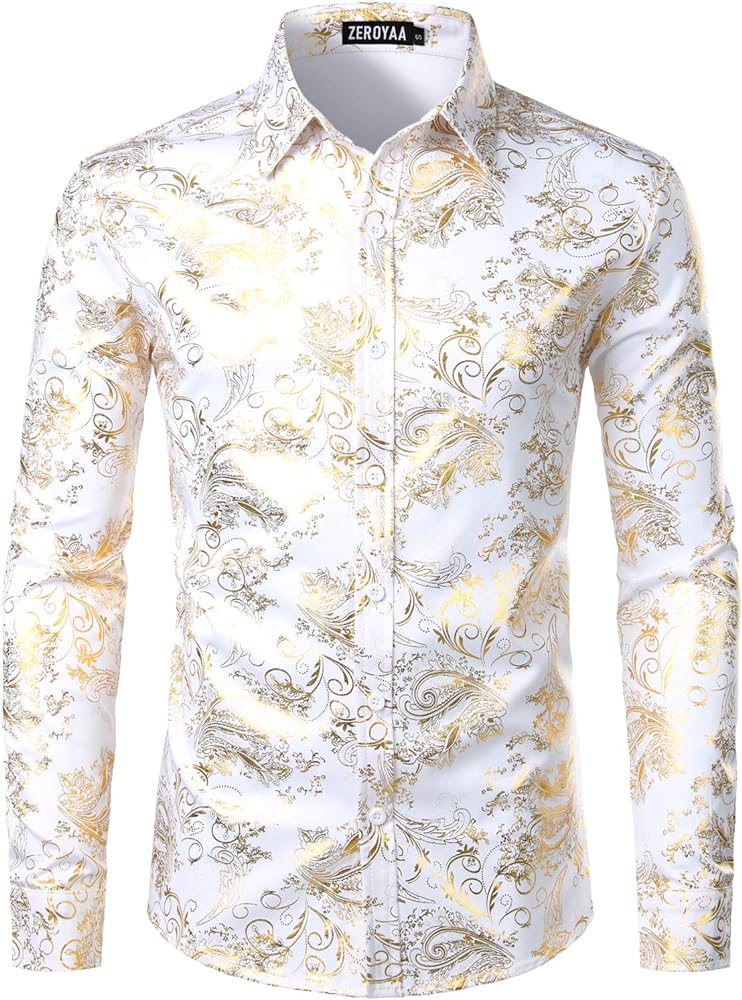 ZEROYAA Men's Luxury Paisley Dress Shirt Shiny Floral Printed Button Down Shirts for Party Prom