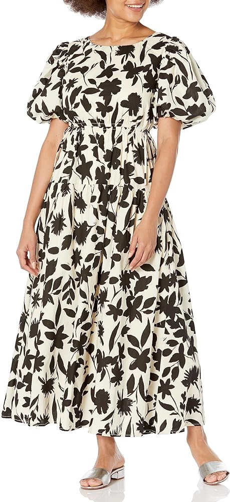 MOON RIVER Women's Floral Print Side Tie Cut-Out Tiered Shirred Midi Dress