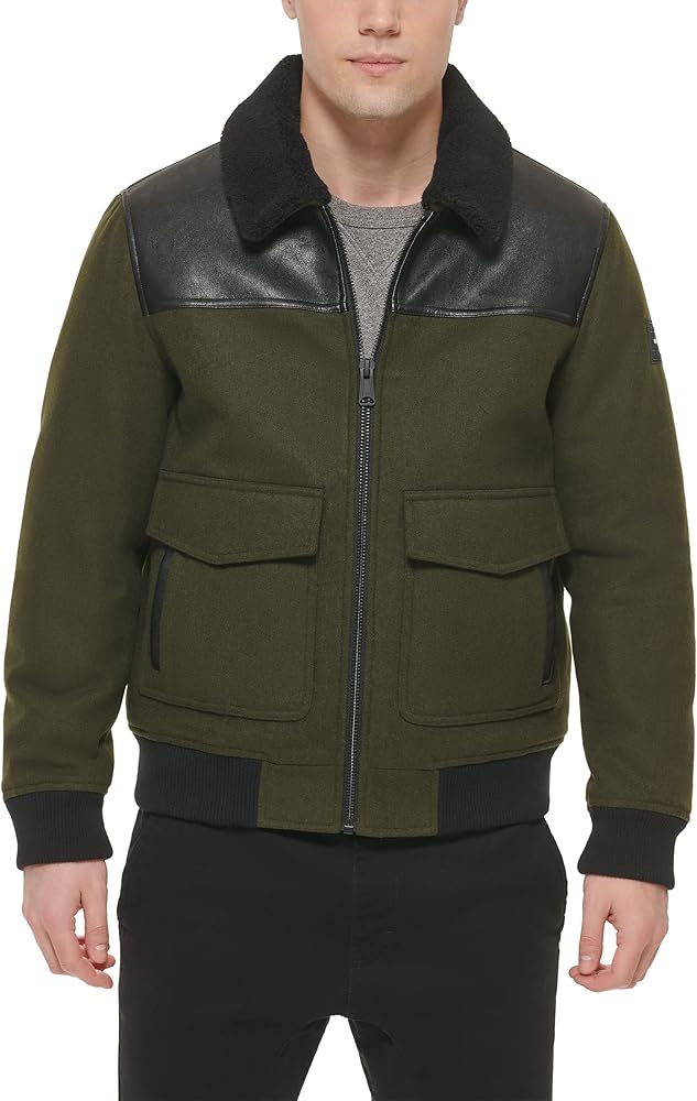 Tommy Hilfiger Men's Mixed Media Wool Blend Sherpa Collar Bomber