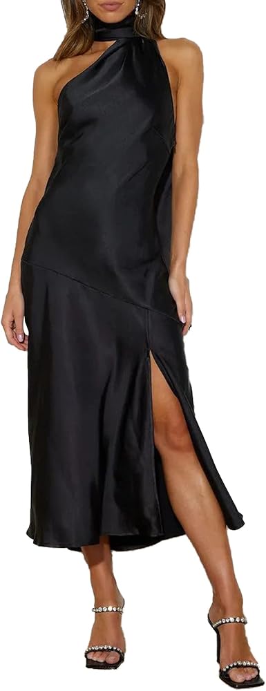 Sexyshine Women's Elegant Halter Tie Neck Sleeveless Satin Long Dress Backless Split Cocktail Party Formal Wedding Maxi Dress