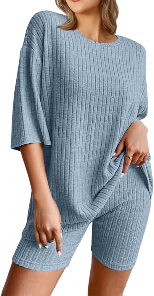 NORACORA Pajamas 2 Piece Lounge Sets Ribbed Knit for Women Matching T-shirt Shorts Outfits Sleepwear