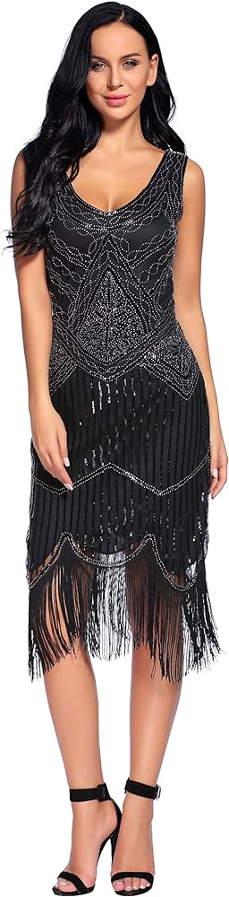 Plus Size 1920s Vintage Fringed Gatsby Sequin Beaded Tassels Hem Flapper Dress for Women