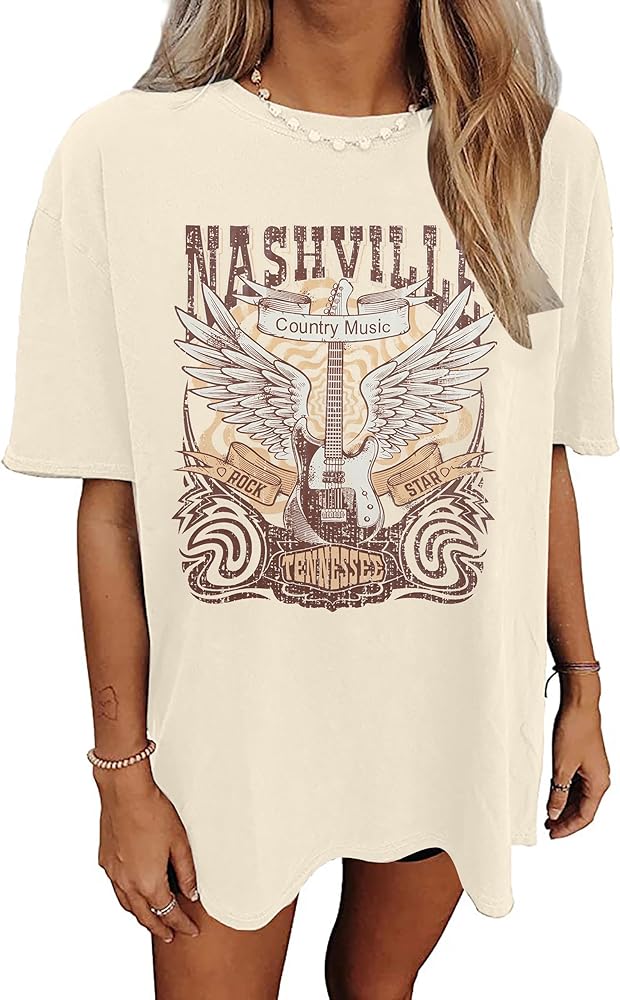 Women's Oversized Country Music Shirts Nashville Concert Outfit Casual Rock Band Tshirt Vintage Graphic Tees Tops