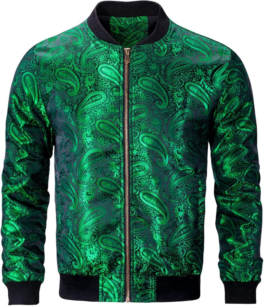 Hi-Tie Mens Paisley Lightweight Bomber Jacket Casual Windbreaker Warm Outerwear Fashion Zipper Coat with Pockets