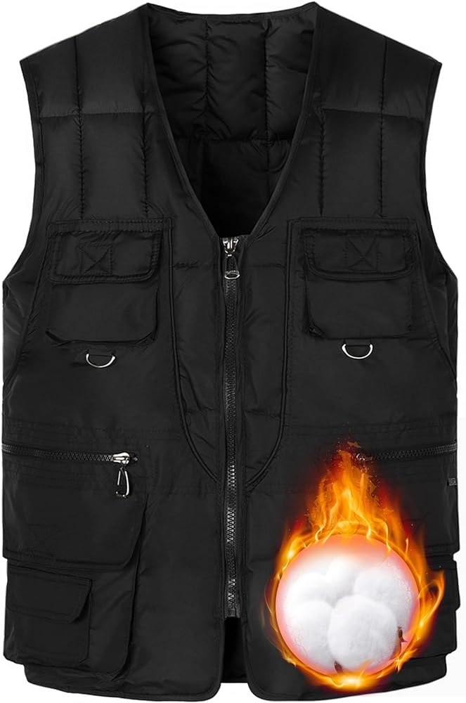 Lentta Men's Quilted Puffer Vest 10 Pockets V Neck Zip Up Lightweight Fishing Vest Jacket Multi Pockets