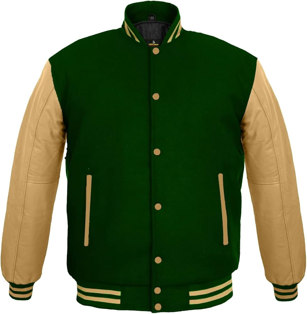 Men's Varsity Jacket Genuine Leather Sleeve and Wool Blend Letterman Boys College Varsity Jackets XXS-5XL