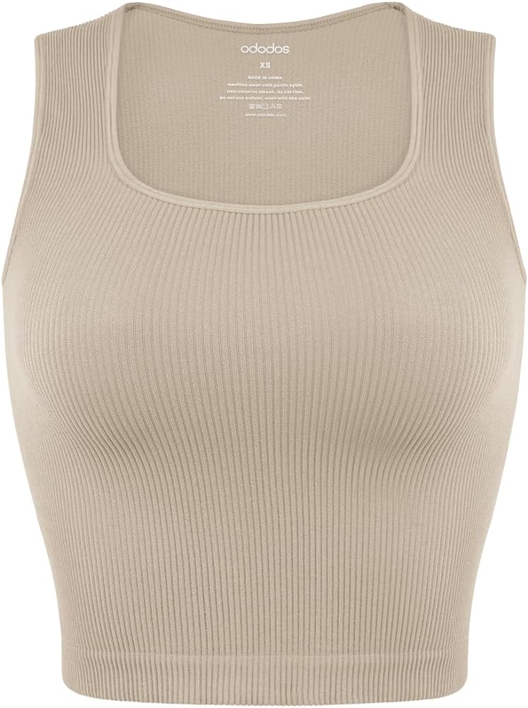 ODODOS Seamless Square Neck Tank for Women Ribbed Soft Sleeveless Longline Crop Tops