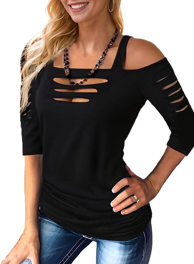 Sexy Cut Out Cold Off Shoulder Tops for Women T-Shirt Distressed Half Sleeve Square Neck Blouse Summer Rock Tee