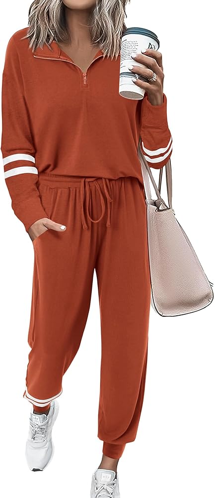 PRETTYGARDEN Women's 2 Piece Tracksuit Sets Striped 1/4 Zip Pullover Tops Long Pants Sweatsuit Outfits